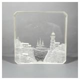 Lucite Art | Etched acrylic etched art block depicting a lighthouse scene. - h. 8.5 x w. 8.5 in