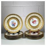 (12pc) Gold Rimmed Plates | Bavarian China plates with floral center and gold trim. Marked on the bo