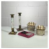 (5pc) Candle Stick Holder And Knives | Brass candle sticks decorated with mother of pearl on columns