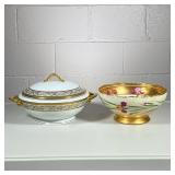 (2pc) Tureen And Bowl | Hand-painted Limoges bowl with gold trim and pink flowers. Covered tureen wi