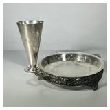 (2pc) SILVER PLATE ITEMS | Including: Silver plate vase? And silver plate pie dish with Pyrex glass 