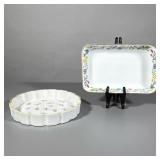 (2pc) Serving Dishes | One round scalloped quiche dish with petite floral design. Oblong white dish 