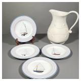 (5pc) Pitcher And Plates | Large white ceramic pitcher and 4 small red, white and blue plates with d