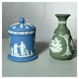(2pc) Wedgewood Blue Jasperware | Includes a vase and covered jam pot - h. 4 x w. 3 x d. 3 in
