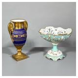 (2pc) Vase And Fruit Basket | Tall porcelain empire style vase with gilded design over dark blue. Po