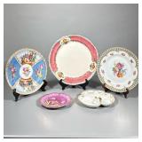 (5pc) Decorative Plates And Serving Pieces | Hand painted 3 section dish with gold trim and handle, 