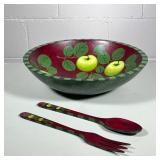 (3pc) SHERWOODFOREST DESIGN SALAD BOWL & UTENSILS | Sherwoodforest Design wooden painted salad bowl 