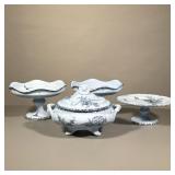 (4pc) Antique French GRAND DEPOT Blue Ironstone Pieces | Including 3 compotes and a tureen - h. 5.5 