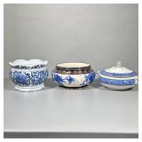(3pc) Cachepot, Tureens | In shades of blue, one with top. All are marked or numbered. - h. 6 x dia.
