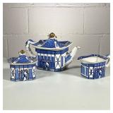 (3pc) Japanese Themed Tea Set | “Pagoda” classic design from Burleigh. Square teapot, sugar and crea