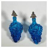 (2pc) PAIR GLASS GRAPE CLUSTER DECANTERS | Pair of blue glass grape cluster form decanters with cork