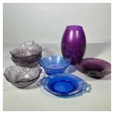 (8pc) MIXED COLORED GLASS DISHES | Including: purple glass vase, blown purple glass bowl, 4 purple c