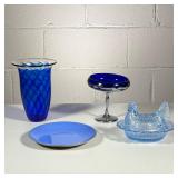 (4pc) Glass Pieces | Hand-blown blue vase, Cobalt blue candy dish in silver metal stand, light blue 