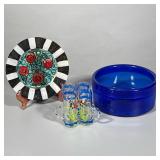 (6pc) Painted Glass Pieces And Bowl | Low glass blue bowl, hand painted plate and four cordial shot 