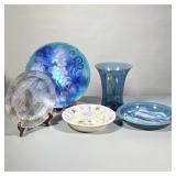 (5pc) Artistic Dishes | Painted art glass plate with markings, painted pottery pie dish, handmade pa