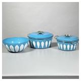 (3pc) Mid Century Modern Enamelware | Two covered casserole pots and a bowl. “Lotus” pattern by Cath