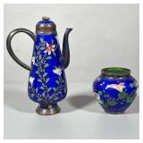 (2pc) Cloisonné | Matching small tall teapot and small vase. Blue enamel with floral design. - h. 7.