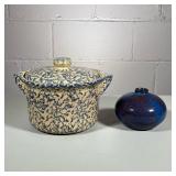 (2pc) Pottery | Roseville blue spongeware Casserole dish and signed vase. - h. 5 x w. 9.5 in (Casser