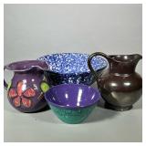 (4pc) Pottery | Pitcher with metallic glaze, deep purple pitcher with flower, green and purple small