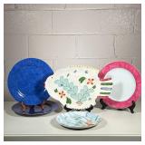 (5pc) Plates/Serving Pieces | 2 matching blue plates, fish serving dish, pink rimmed plate and scall