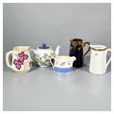 (5pc) Small Pitchers | Including one Sadler England tea pot, white and purple leaf with gold trim pi