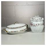 (2pc) Tureen And Jar | Covered white jar with floral design, numbered on bottom. Covered tureen, Hom