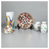 (5pc) Buddha, Plate, And Vases | Laughing Buddha porcelain figurine, oriental style gold and rust pl