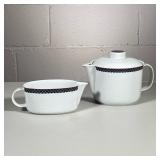 (2pc) Tea Pot And Creamer | Marked Made in West Germany. White with checkered trim. - h. 6 x w. 8 in