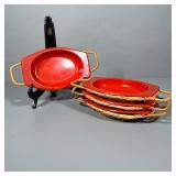 (8pc) Individual Vintage Serving Pieces | Orange metal enamelware with accompanying basket. 4 pairs.