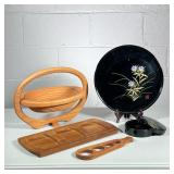 (4pc) Serving PIeces | Collapsable wooden fruit bowl, black oriental tray, wood tray and pasta measu