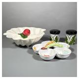 (4pc) Ceramic Serving Dishes And Salt And Pepper Shakers | Scalloped serving bowl divided into two s