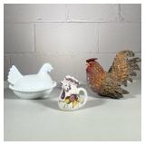 (3pc) Chickens | Small chicken pitcher, white covered chicken dish and decorative light rooster made