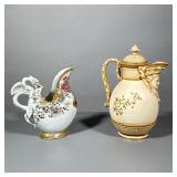 (2pc) Unique Pitchers | Vintage Japanese pitcher Kutani ware with dragon handle, floral design with 