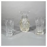 (3pc) Crystal Pieces | Heavy cut crystal vase and two matching etched crystal classes. - h. 7 x dia.