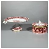 (2pc) Cake Plate And Covered Jar/Bowl | Matching Mottahedeh pieces made in Portugal. Pink and maroon