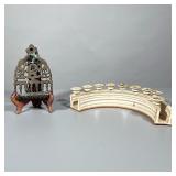(2pc) MENORAHS | Including antique bronze hanging menorah, and curved ceramic menorah - h. 2.5 x w. 
