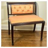 SMALL UPHOLSTERED BENCH | Having dark carved wood back with pink upholstered cushions over claw feet