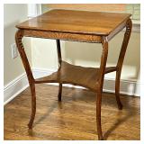 TWO-TIER WOOD SIDE/END ACCENT TABLE | Square carved wood side table with cabriole legs. Two-tier des