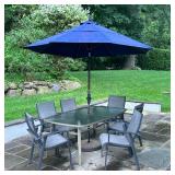 (8pc) PATIO DINING SET | Including 6 armchairs, glass top & aluminum table, and umbrella - h. 27.5 x