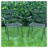 (2pc) Black Wrought Iron Chairs | Outdoor patio arm chairs with scrolling pattern on seat and back. 