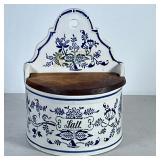 Lidded Salt Box | G M T Co Germany salt box; Blue and white pottery with wooden lid - h. 8.5 x w. 6.