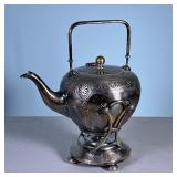 Silver Plated Tea Kettle | On stand with vessel for oil heating underneath. Numbered and marked on b