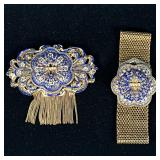 STERLING SILVER DEMI PARURE | Including brooch & bracelet with enamel & pearl decoration, brooch mar