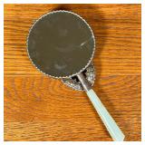 SILVER PLATE Carved Chinese Nephrite Jade Hand Mirror | Small silver plate hand mirror with stone ca