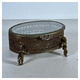 Vintage Ornate Jewelry Box | Small footed casket trinket box with beveled glass hinged lid and cheru