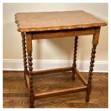 CARVED WOOD SIDE TABLE | Carved wood side/end table with stretchers and twist carved legs, and teard