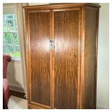 WOOD ARMOIRE | Wooden armoire/TV cabinet with pull-out shelf over 3 open shelves and full-width draw