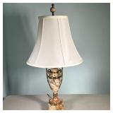 STONE CARVED LAMP | Carved stone table lamp with gilt brass - h. 27 x dia. 14 in (with shade)