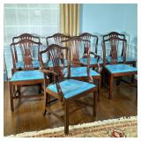 (8pc) Chippendale Dining Chairs | Chippendale dining chairs with blue leather upholstery. Six side c