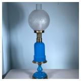 Oil Lamp | Blue electrified Oil lamp with brass trim and vintage etched glass globe. - h. 31.5 x w. 